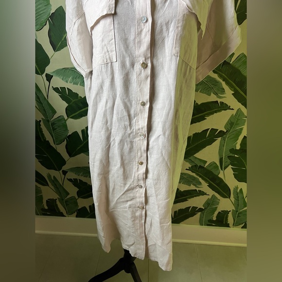 Paradise 100% Italian Linen Beige Button Front Short Sleeve Midi Dress M - Picture 4 of 9